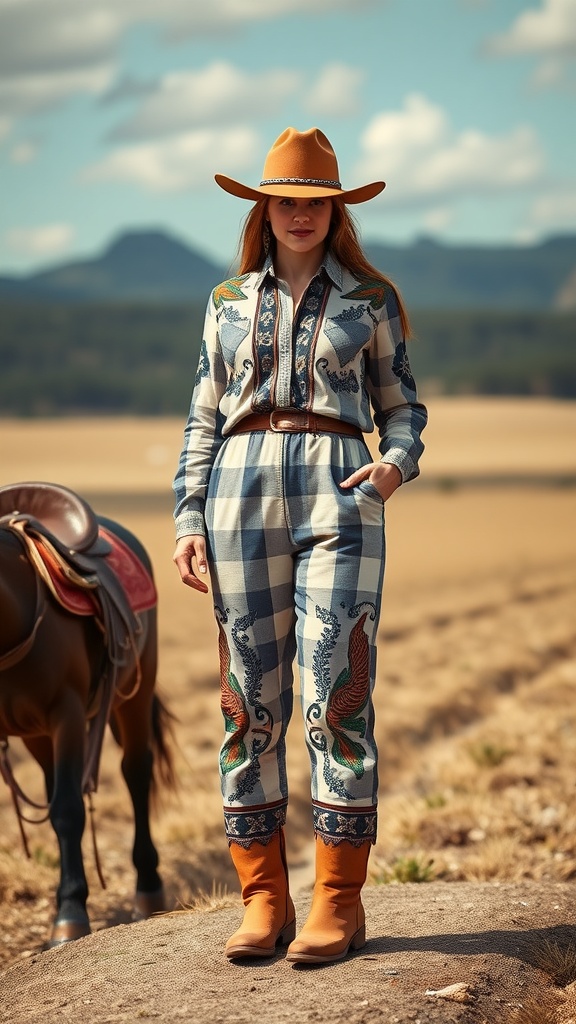 A woman wearing a stylish Western-inspired jumpsuit with a cowboy hat and boots, standing outdoors near a horse.