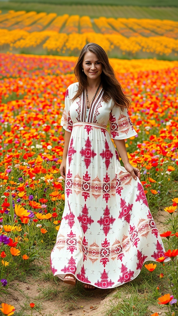 A woman wearing a white maxi dress with red patterns standing in a colorful flower field.