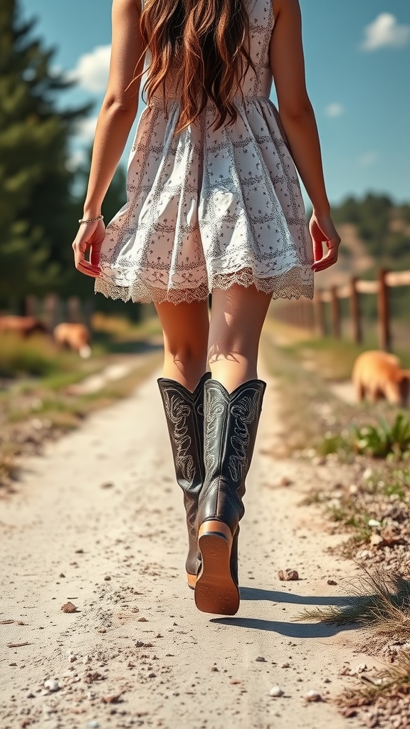 A woman walking on a dirt path in a dress and stylish Western boots