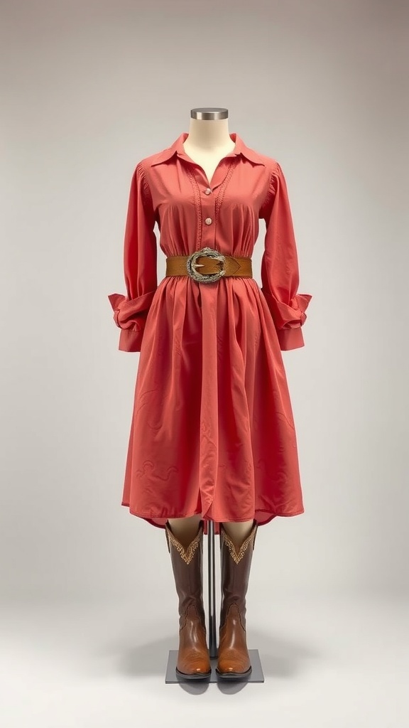 A coral button-down western dress with a cinched waist and brown cowboy boots.