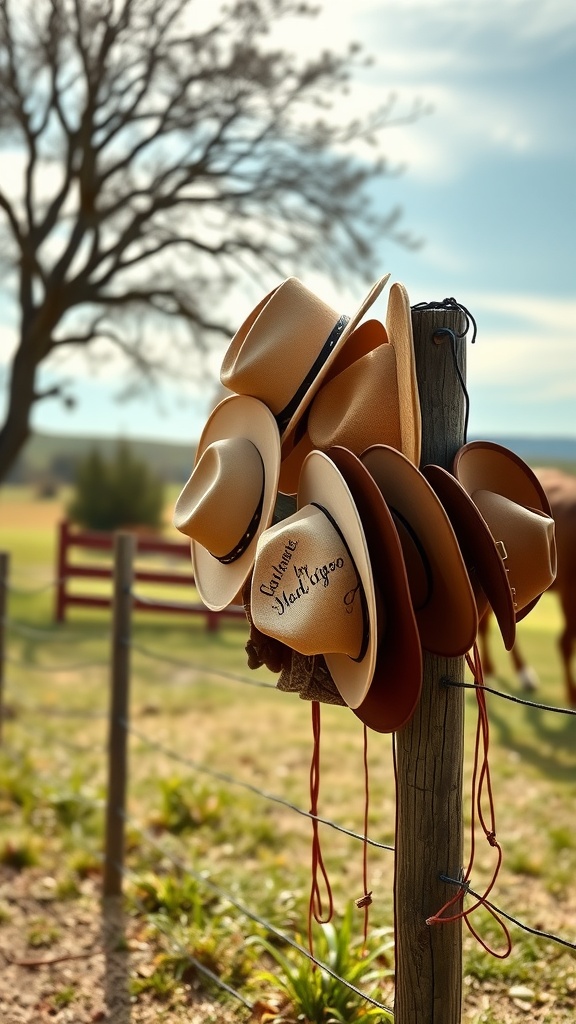 A collection of stylish Western hats hanging on a fence post with a blurred landscape in the background.