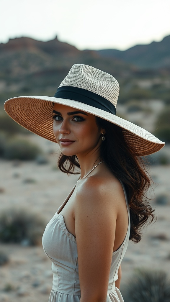 A woman wearing a wide-brim hat in a desert setting, showcasing a modern western outfit.
