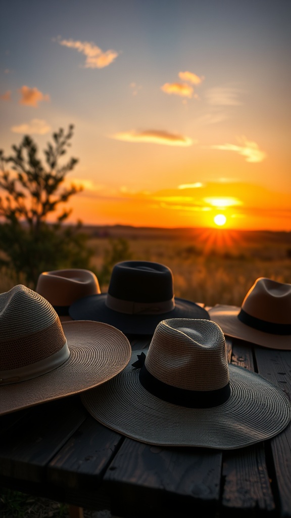 Wide-brim hats on a wooden table with a sunset in the background