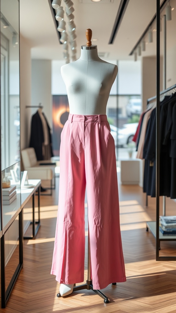 Pink wide-leg trousers displayed on a mannequin in a stylish boutique