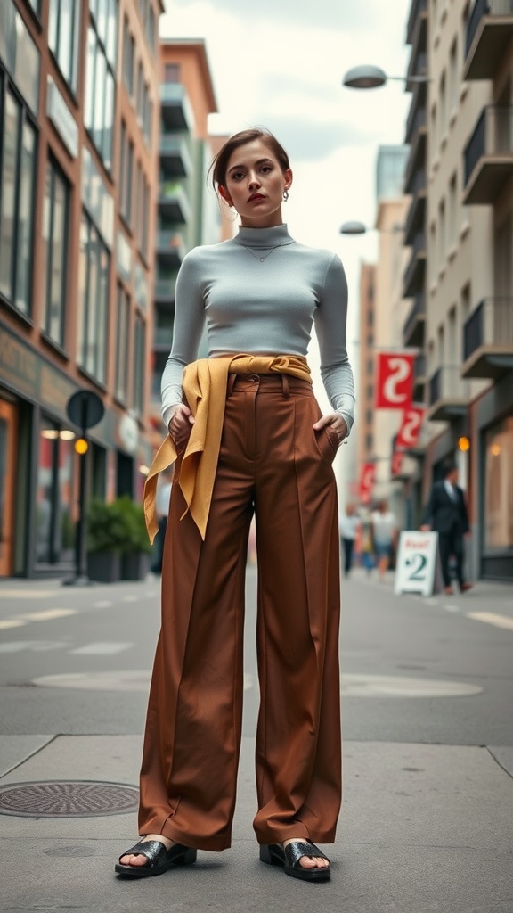 A stylish woman wearing wide-leg trousers and a trendy top, standing confidently in an urban setting.