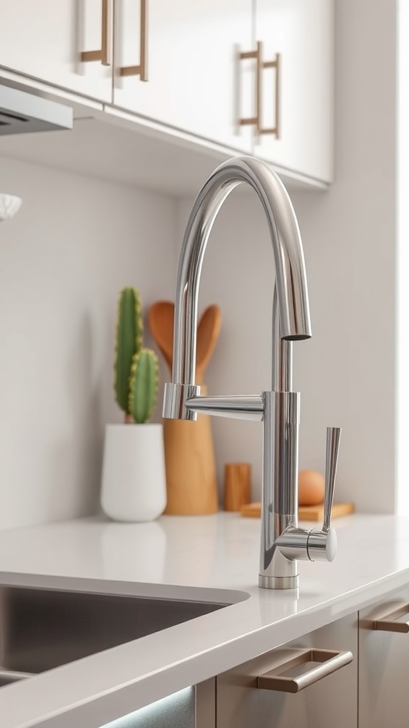 A modern kitchen faucet with a sleek design, featuring a shiny finish, positioned next to a sink with minimalistic decor in the background.