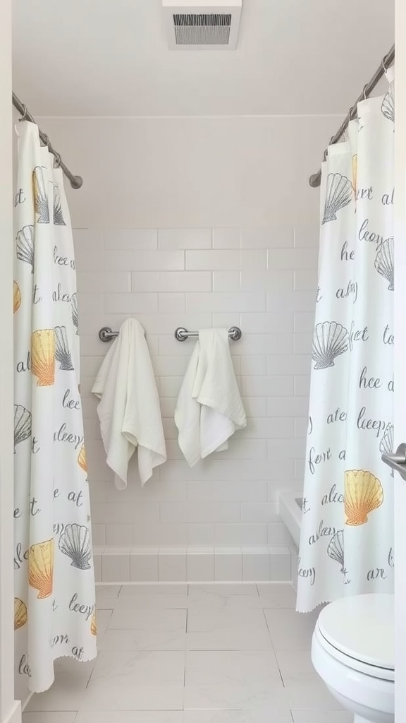 A coastal-themed bathroom with shell patterned shower curtains and white towels.