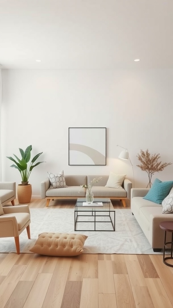 A contemporary living room featuring subtle color palettes with gray and cream sofas, a rug, and decorative plants.