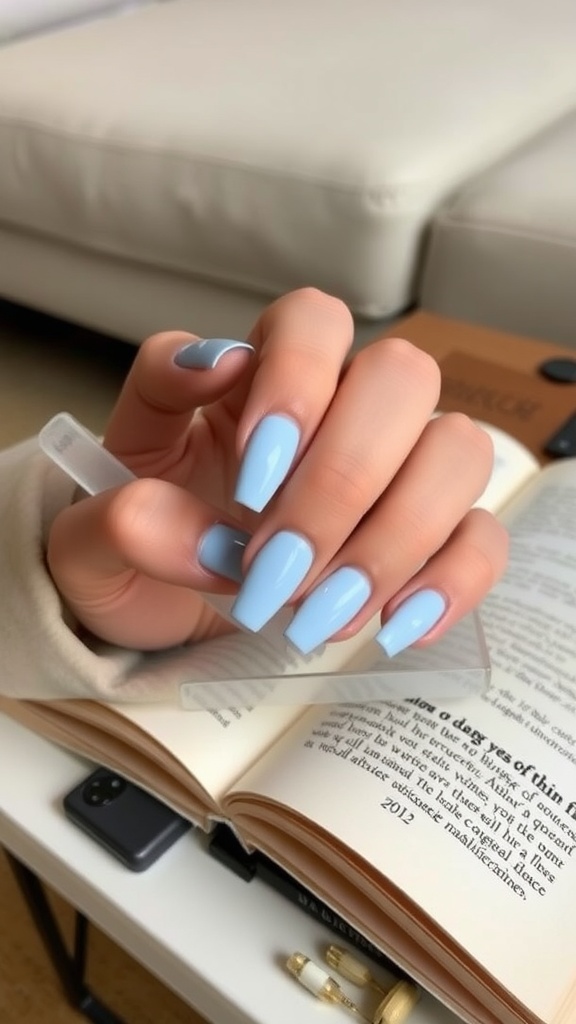 A hand with light blue French tip nails holding a clear ruler over an open book.