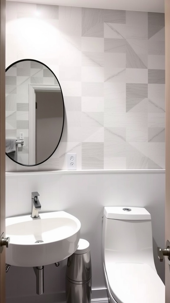 Monochrome wallpaper in a modern guest bathroom with a round mirror and minimalist sink