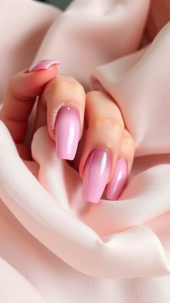Close-up of light pink chrome almond nails on soft pink fabric, showcasing an ombre effect.