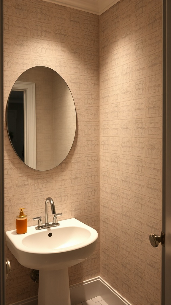 A guest bathroom featuring textured wallpaper, a round mirror, and a white sink.