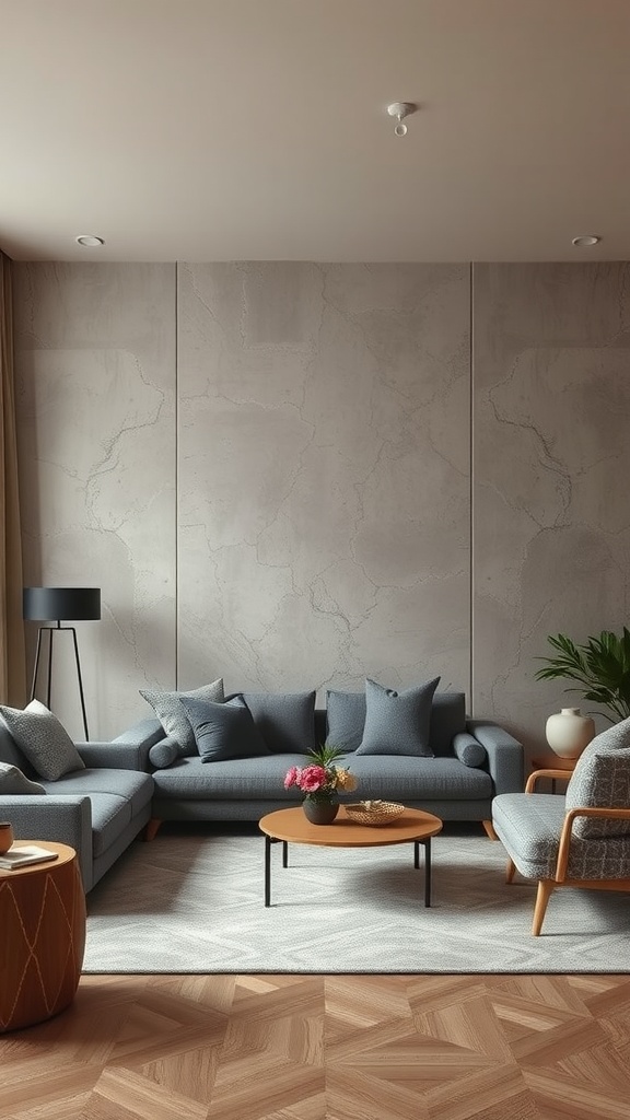 A modern living room with subtle textured walls, featuring a blue sofa, wooden coffee table, and decorative plants.