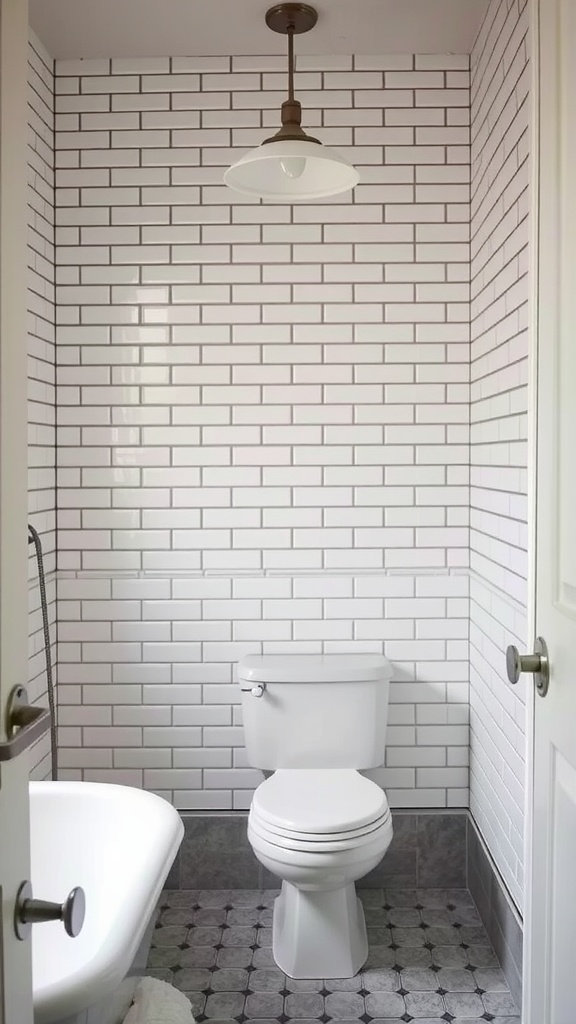 A vintage bathroom featuring a subway tile accent wall, toilet, and bathtub, with a hanging light fixture.