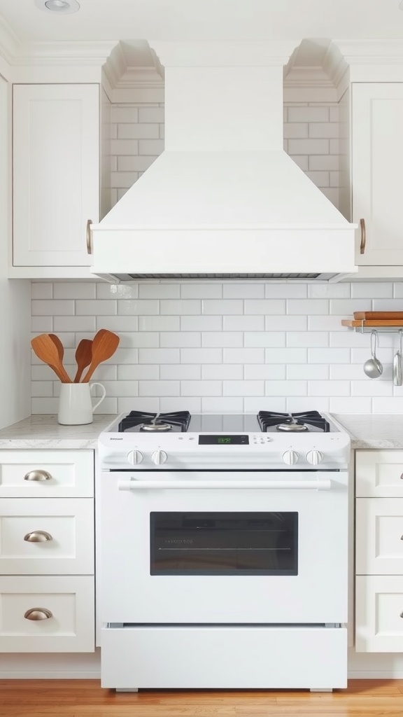White farmhouse kitchen featuring a subway tile backsplash above a stove