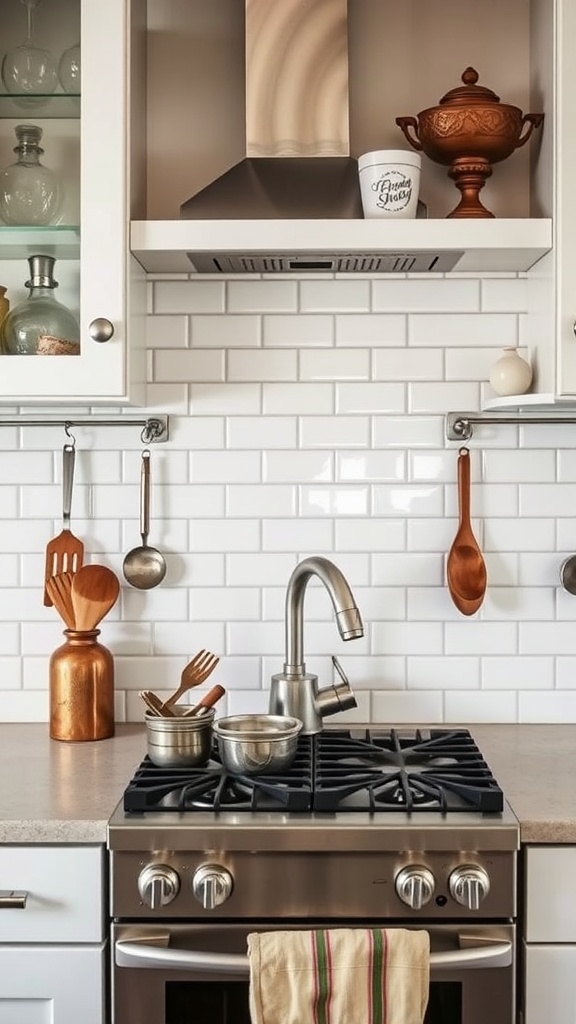 A stylish kitchen featuring a subway tile backsplash, vintage copper accents, and modern appliances.