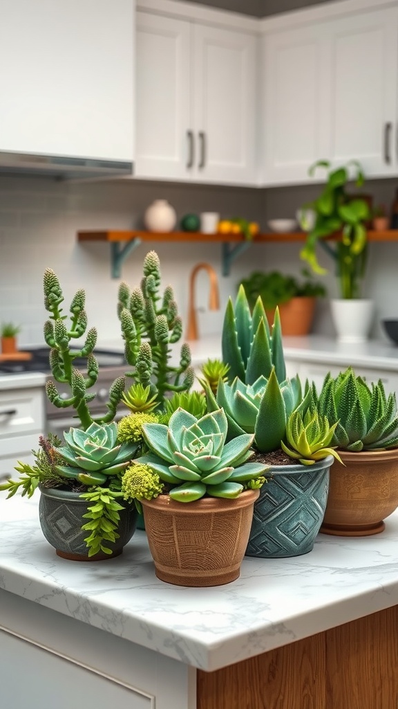 A collection of succulent plants in various pots arranged on a kitchen island