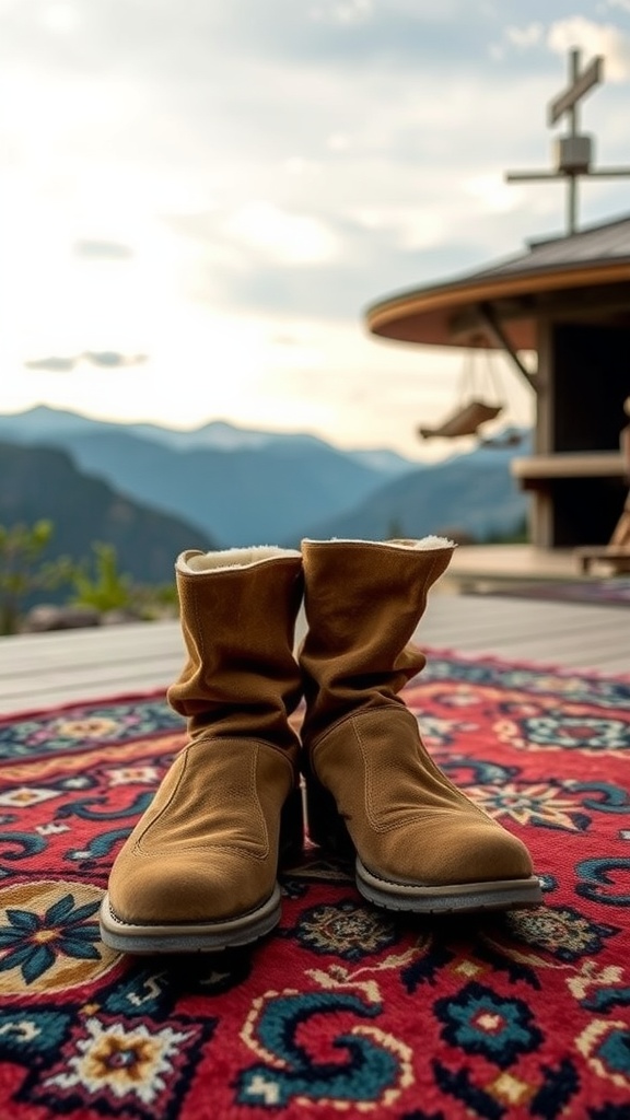 A pair of brown suede boots on a colorful rug with a scenic backdrop.