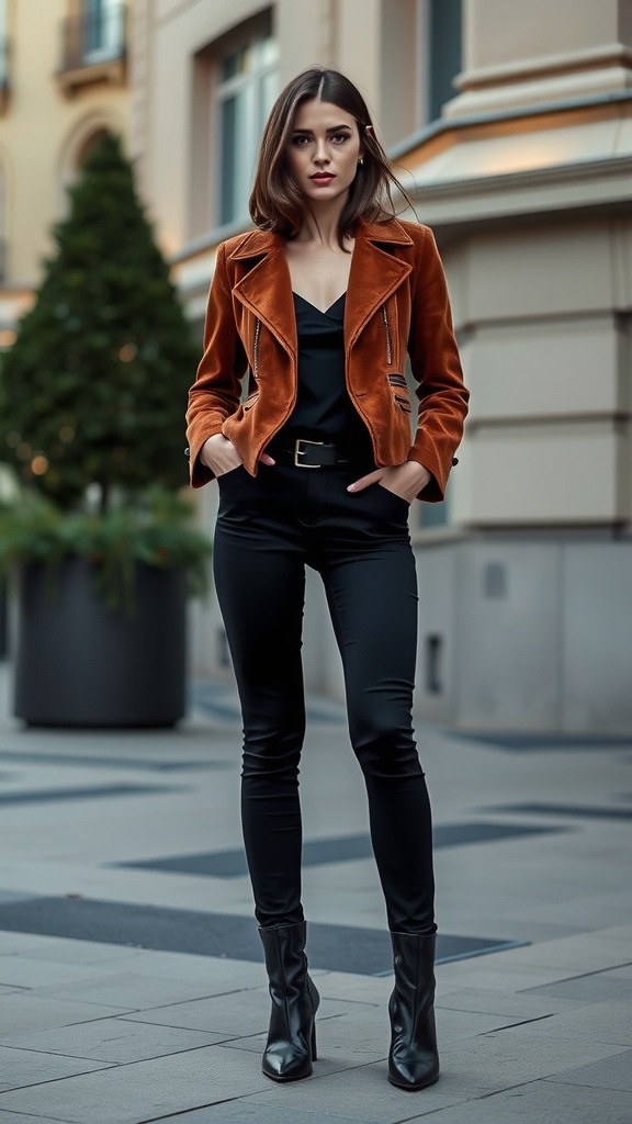A fashionable woman in a suede jacket and fitted pants posing confidently on a city street.