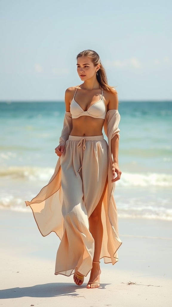 A woman wearing a bikini and a silk maxi skirt walking on the beach