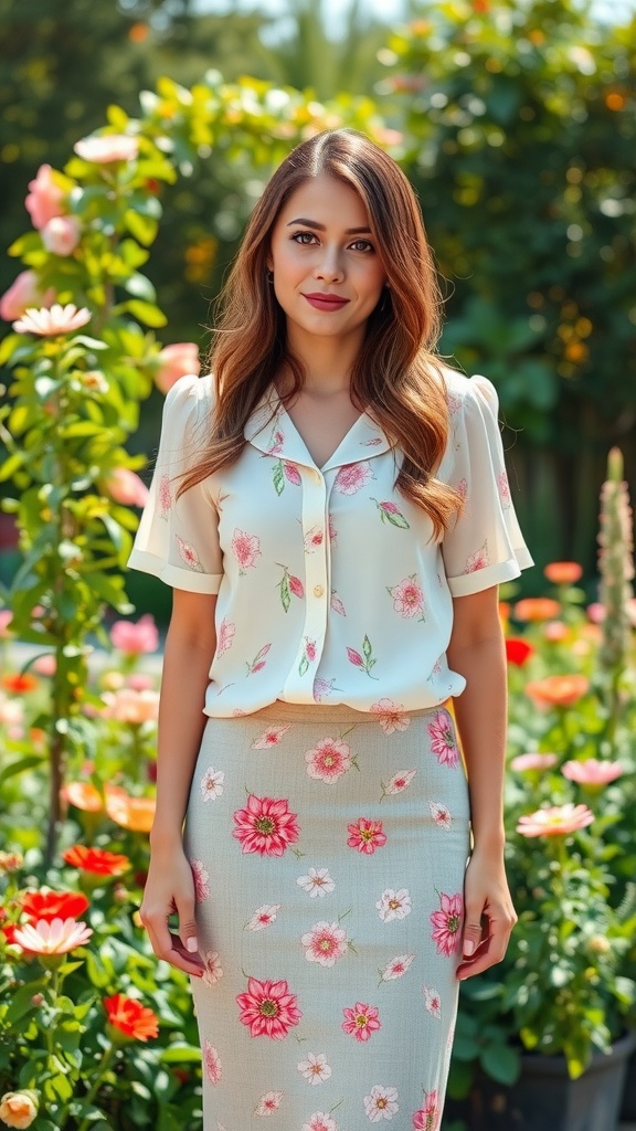 A woman wearing a floral summer blouse and a matching pencil skirt in a garden setting.