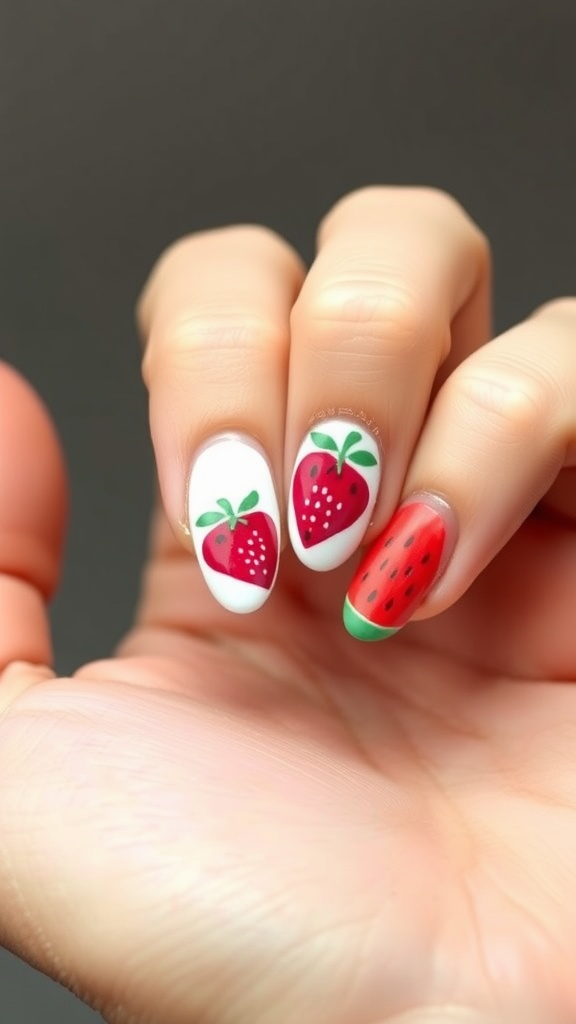 Almond-shaped nails with summer fruit designs featuring strawberries and watermelon