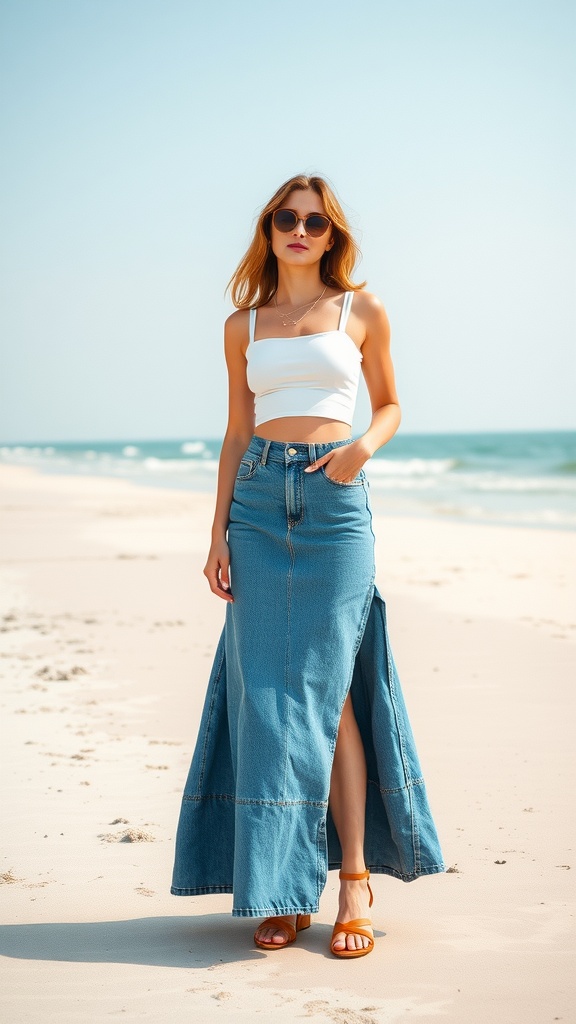 A woman wearing a long jean skirt and a white crop top on the beach, with sunglasses and sandals.
