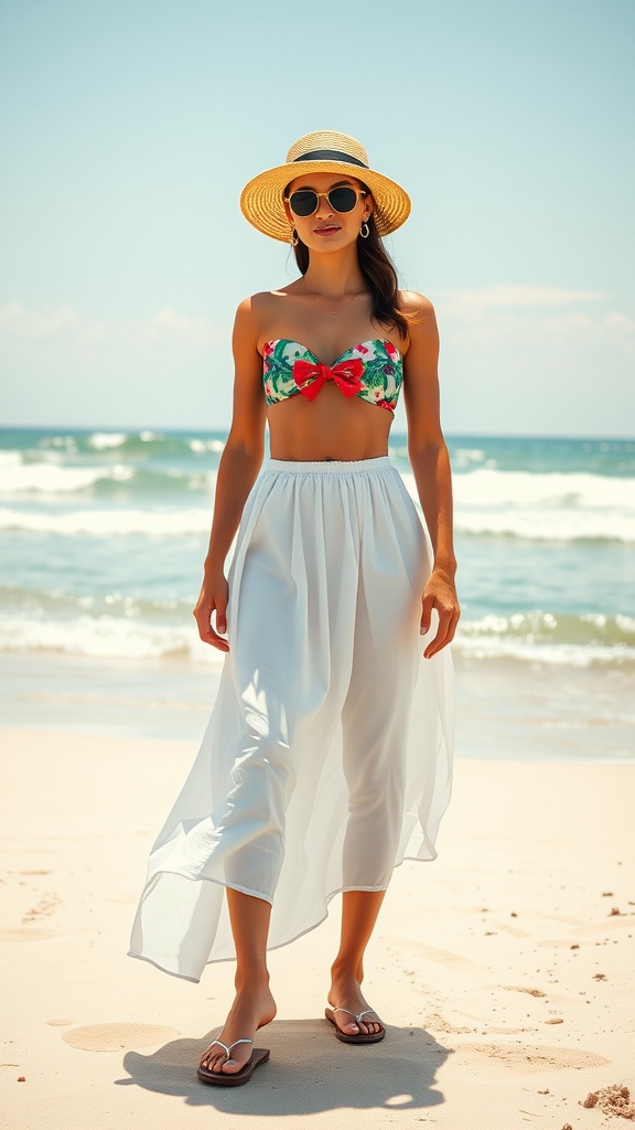 A woman wearing a colorful crop top and a white midi skirt walking on the beach.