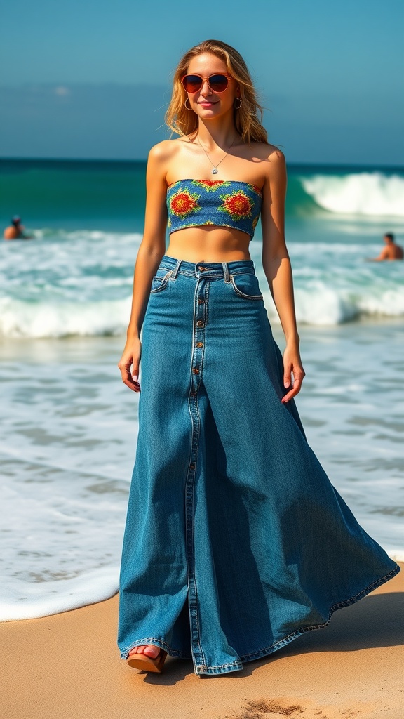 Model wearing a colorful crop top and a denim maxi skirt standing by the beach