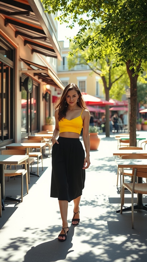 A woman wearing a yellow cropped top and black midi skirt walking in a sunny outdoor cafe setting.