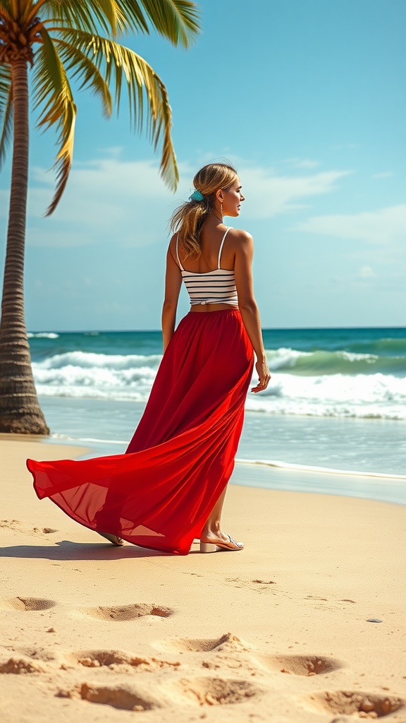 A woman wearing a striped tank top and a red maxi skirt walking on the beach