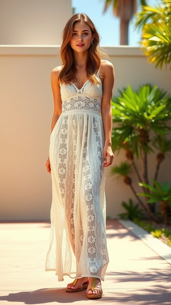 A young woman in a lace maxi skirt and sandals, standing in a sunny outdoor setting.