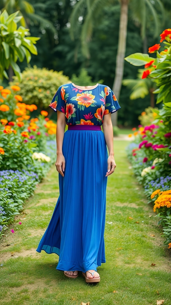 A woman wearing a floral top and a blue maxi skirt, standing in a colorful garden