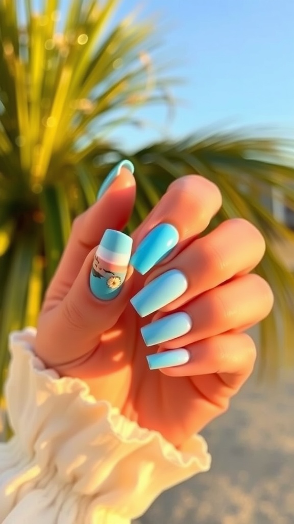 Light blue nails inspired by summer sunset, featuring palm leaves in the background.