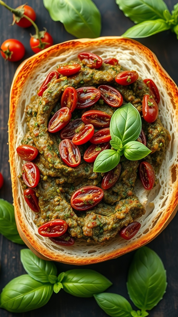 A vibrant sun-dried tomato and basil pesto spread, garnished with cherry tomatoes and fresh basil leaves.