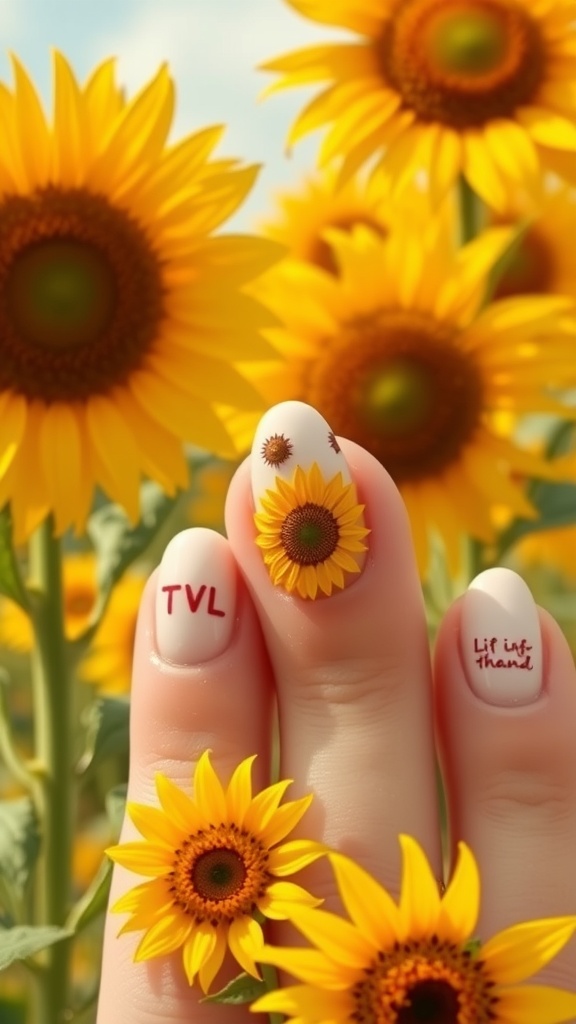 Almond nails with sunflower designs and text against a backdrop of sunflowers