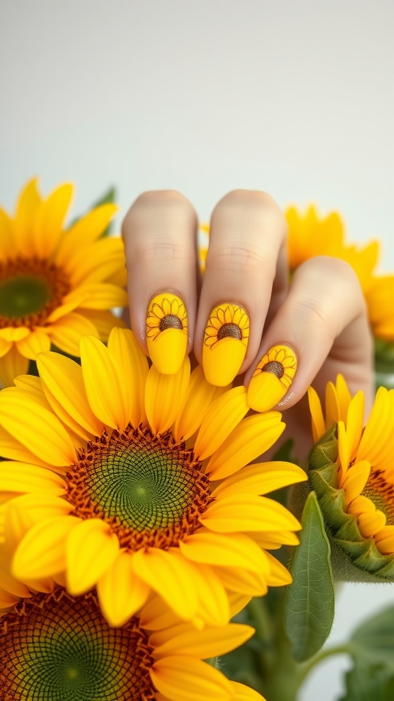 Close-up of sunflower inspired almond nails with bright yellow color and sunflower designs, surrounded by real sunflowers.