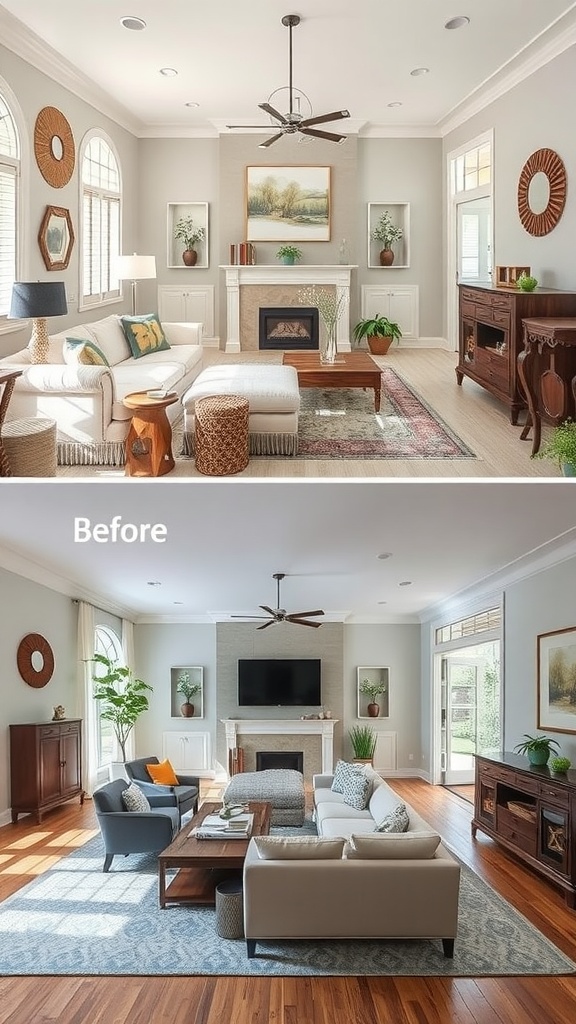 A beautiful sunken living room contrasted with a traditional layout.