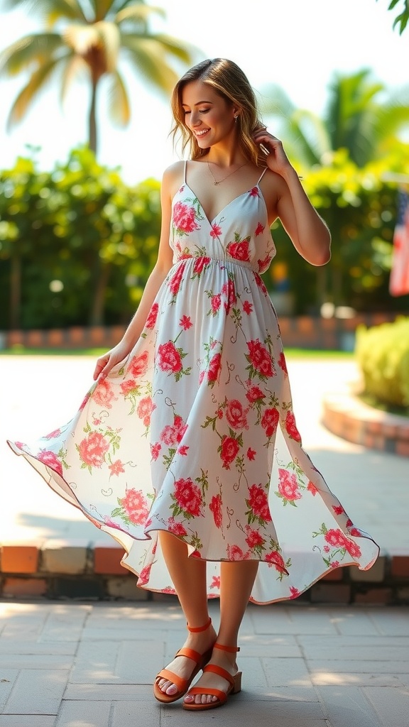 A woman in a floral dress enjoying a sunny day.
