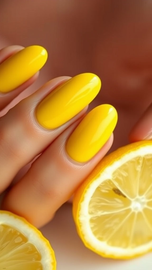Close-up of hands with yellow almond-shaped nails next to lemon slices.