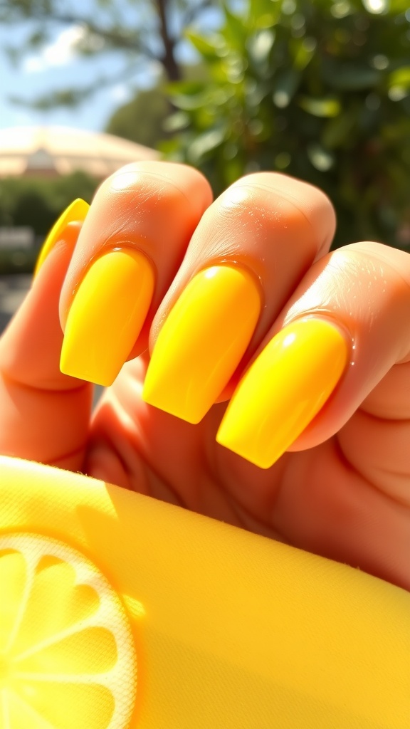 A close-up of bright yellow nails with a glossy finish, set against a sunny backdrop.