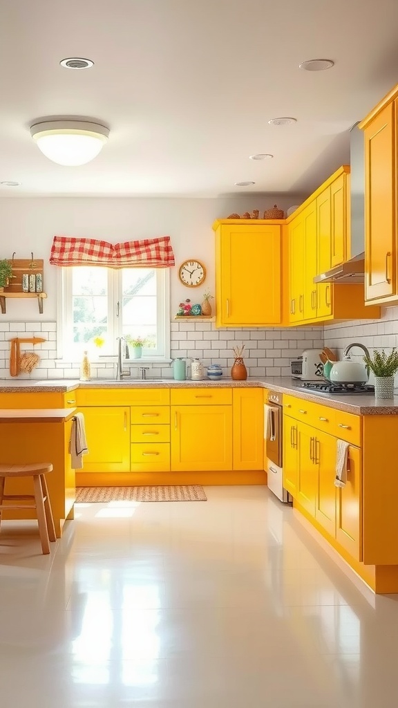 Bright yellow kitchen cabinets with a warm and inviting atmosphere.