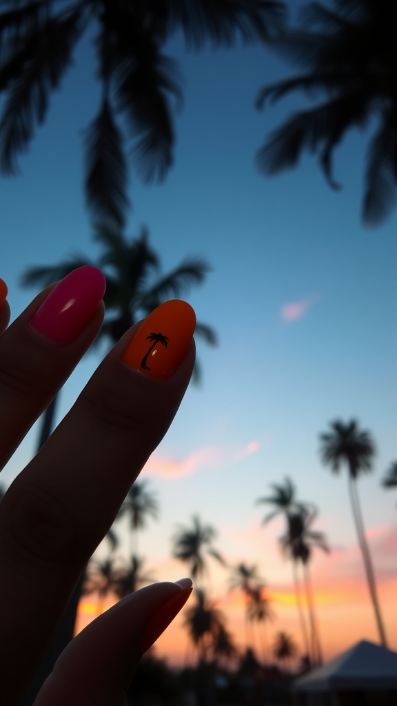 A hand with sunset-inspired almond nails featuring pink and orange colors and a palm tree design, set against a vibrant sunset background.