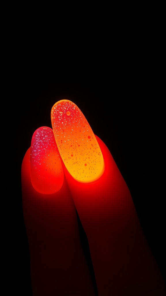 Two almond-shaped nails showing a sunset gradient in orange and red with glitter.
