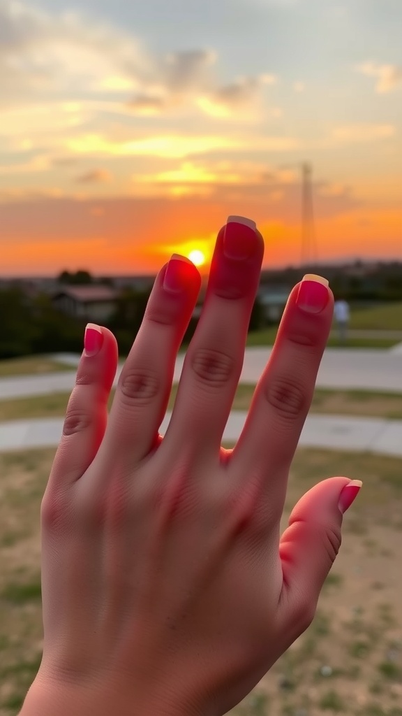 A hand with sunset gradient nails against a vibrant sunset sky.