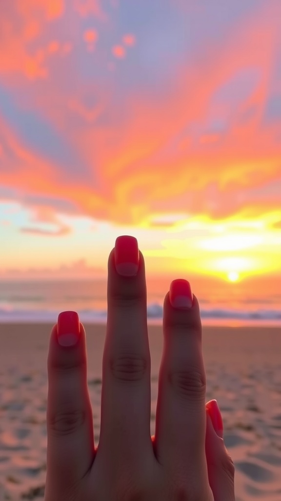 Close up of short sunset gradient nails against a colorful sunset background