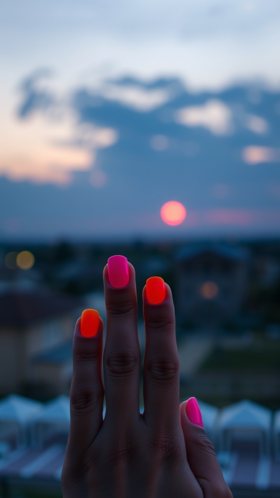 A hand showing sunset gradient nail art with vibrant colors against a sunset background