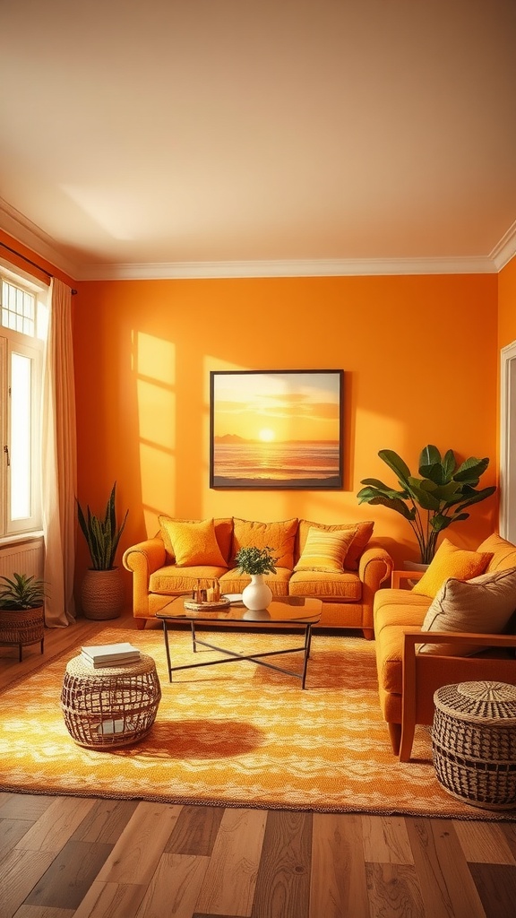 A bright living room featuring orange walls, a sunset painting, cozy seating, and plants.