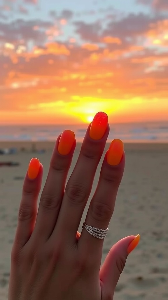 A hand with sunset ombre almond nails, featuring shades of orange and yellow, against the backdrop of a beach sunset.