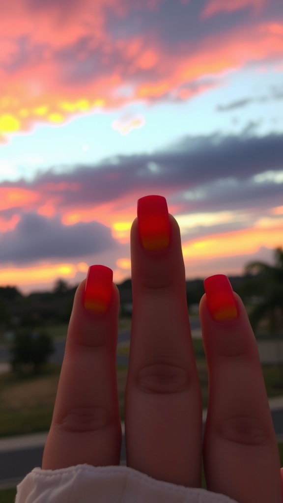 Nails with a sunset ombre effect against a colorful sky.